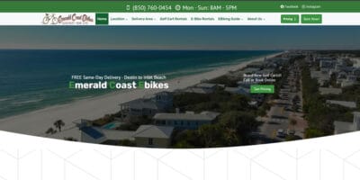 Emerald Coast Ebikes website banner over Destin beach aerial view