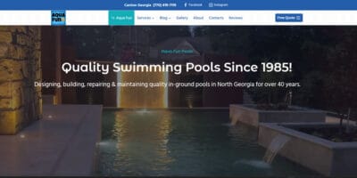 Aqua Fun Pools website featuring illuminated backyard swimming pool